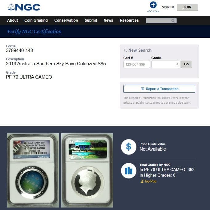 最高鑑定★2013 豪州 5ドル 銀貨くじゃく座 PF70UC Top Pop