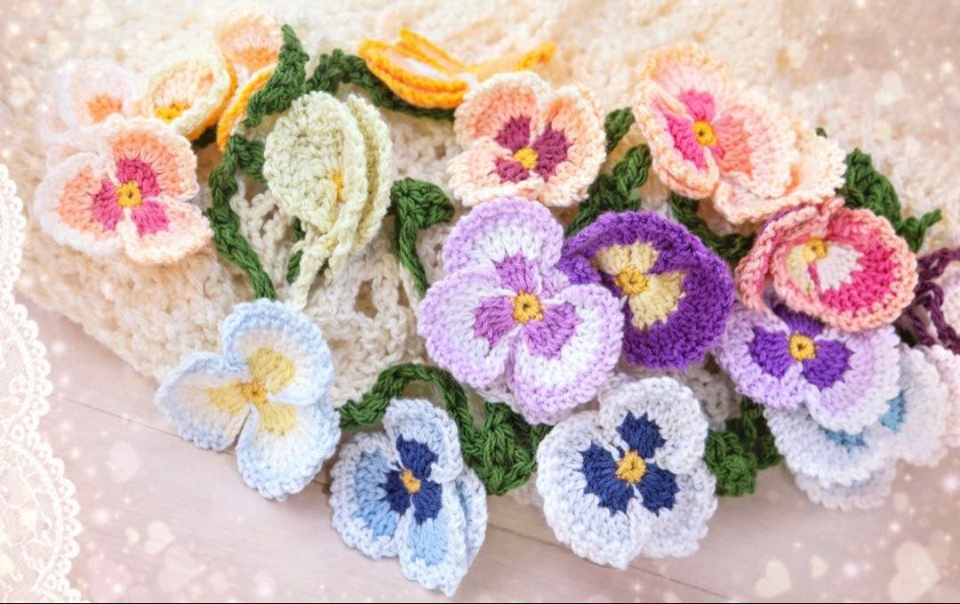 【お値下げ中】豪華なカラフルパンジーの花束ブランケット【一点物】