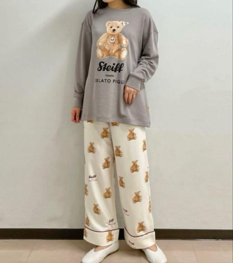 ジェラートピケ　シュタイフ　ワンポイントロングTシャツ＆総柄ネルロングパンツ