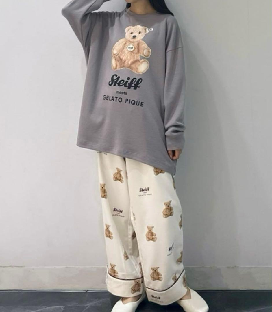 ジェラートピケ　シュタイフ　ワンポイントロングTシャツ＆総柄ネルロングパンツ