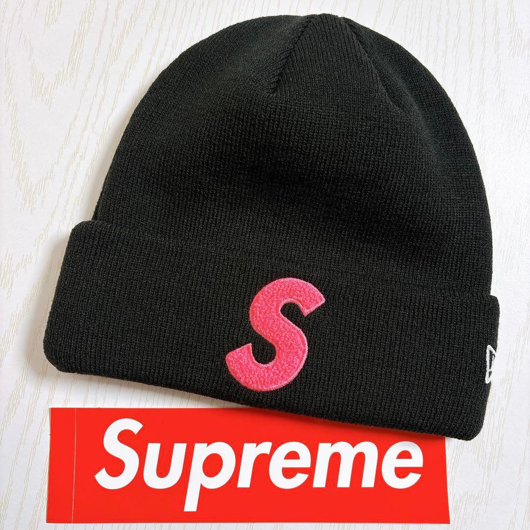 Supreme NEW ERA ニット帽　ビーニー　Sロゴ ブラック　ピンク