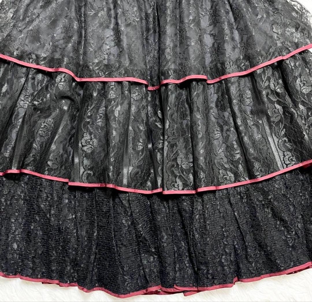 極美品 Lois CRAYON ティアード 総レース フレア ロングスカート 黒