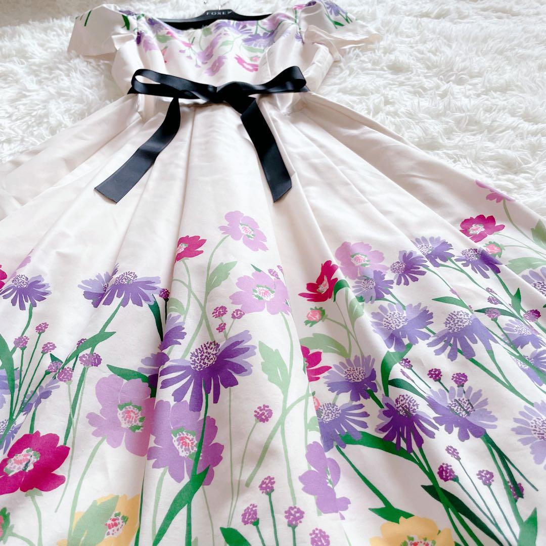 極美品 エムズグレイシー 半袖 膝丈ワンピース 花柄 リボン 36 パープル