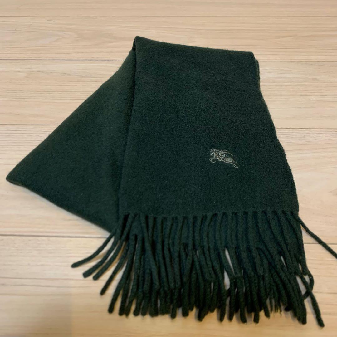 【美品】 バーバリー BURBERRY カシミヤ マフラー ホース刺繍ロゴ 深緑