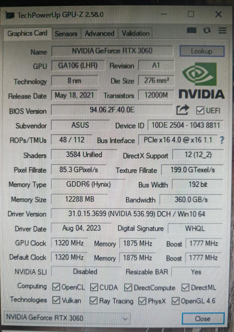 ASUS GeForce RTX3060 12G　グラフィックボード動作品