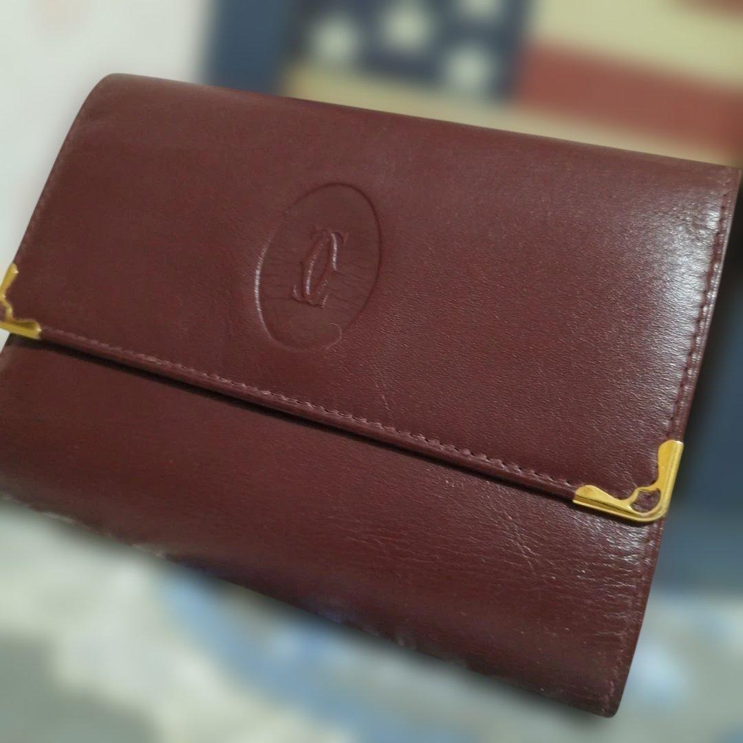 良品 Cartier カルティエ マストライン 三つ折り財布　がま口 ボルドー
