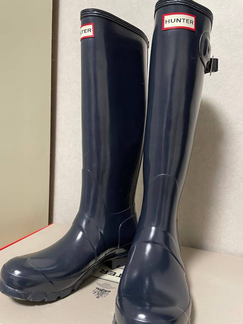 HUNTER ネイビー ロングブーツ バックル付き