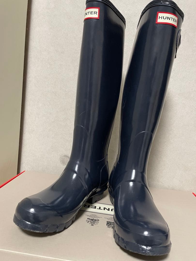 HUNTER ネイビー ロングブーツ バックル付き