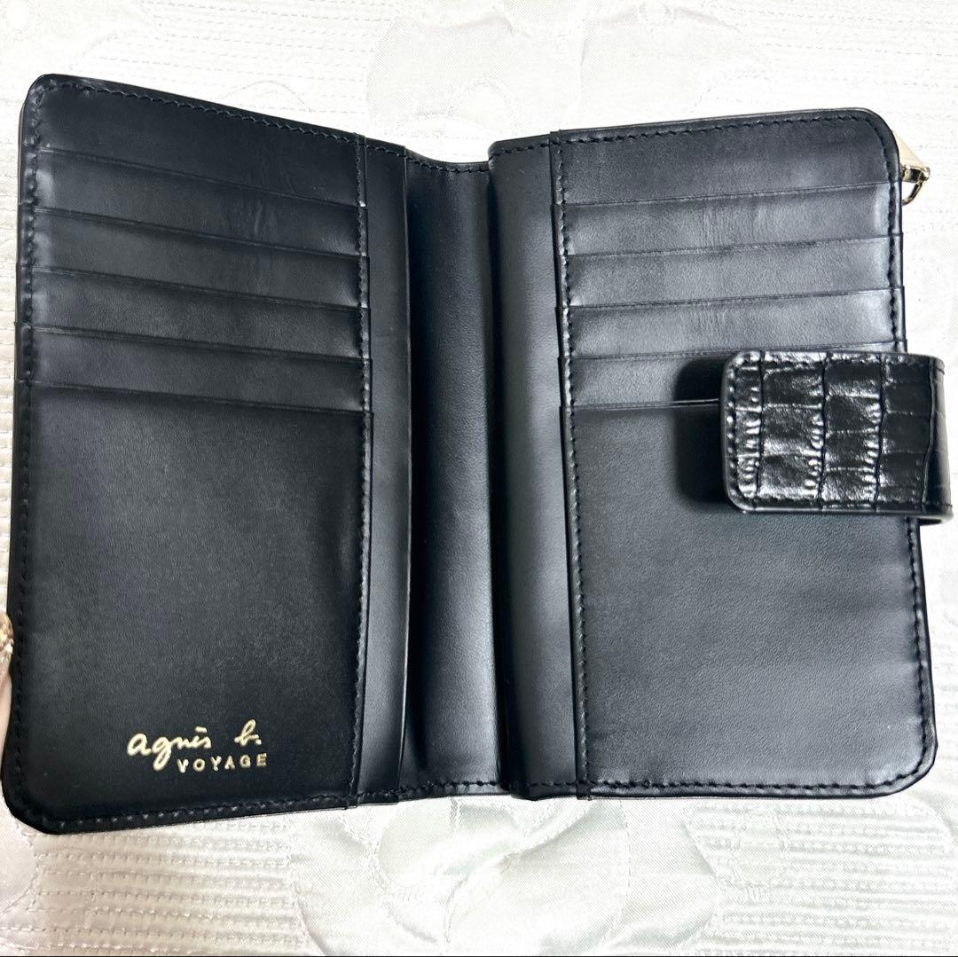 未使用品❤︎ agnes b. クロコ型押し 二つ折り財布 ブラック ゴールド金具
