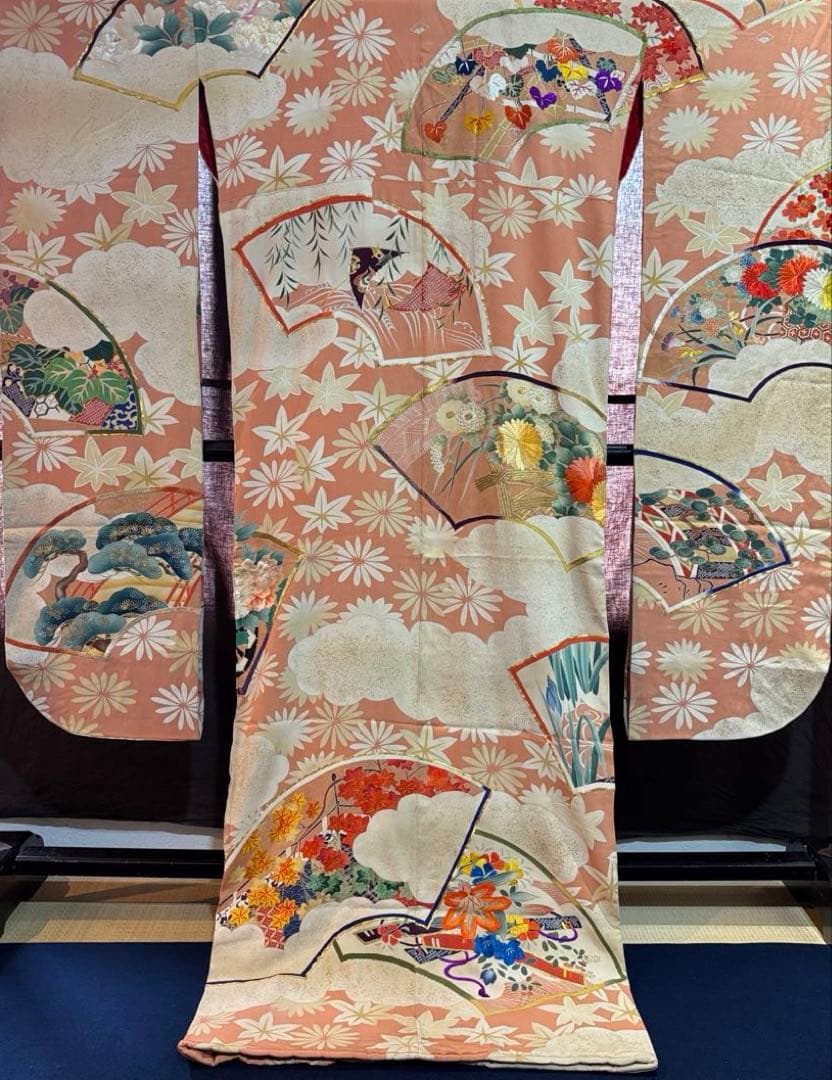 アンティーク振袖　扇面花文様ヴィンテージ華やか