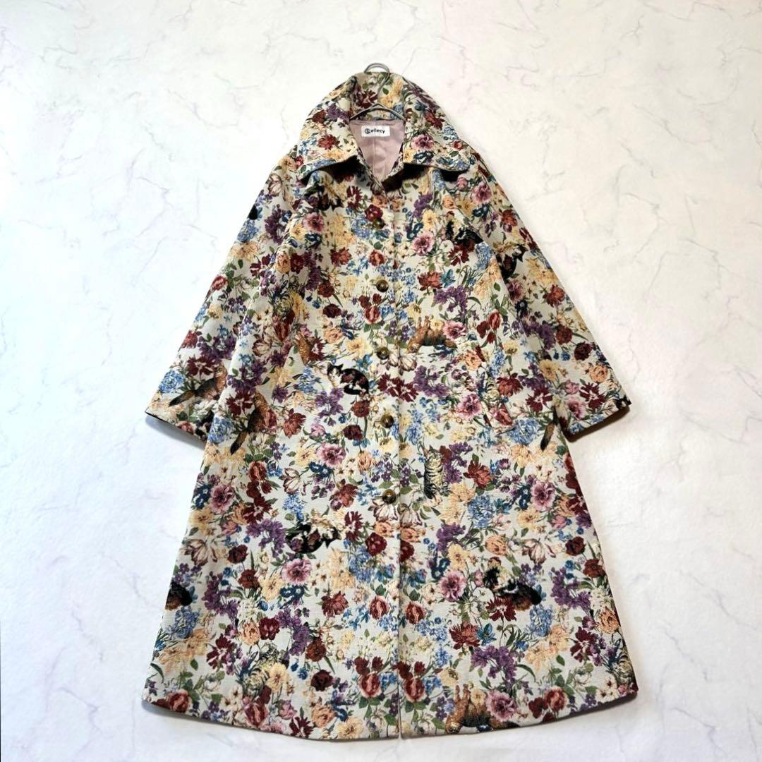 美品 ＆ellecy ロイスクレヨン総柄ゴブラン風 花柄アニマル ロングコート