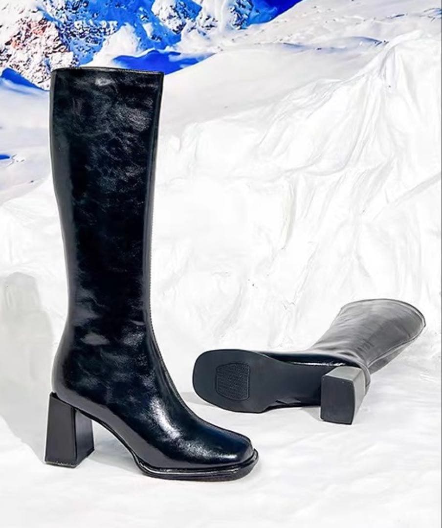 イタリア製カーフレザー使用のロングブーツ 本革　太ヒール　美脚ブーツ