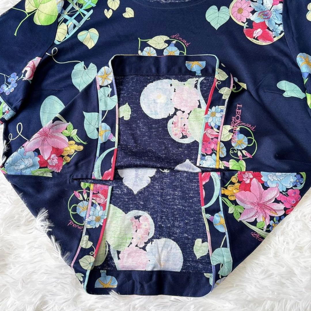 【良品】レオナール 花柄カットソー ロゴ刺繍 ネイビー 2XL コットン100