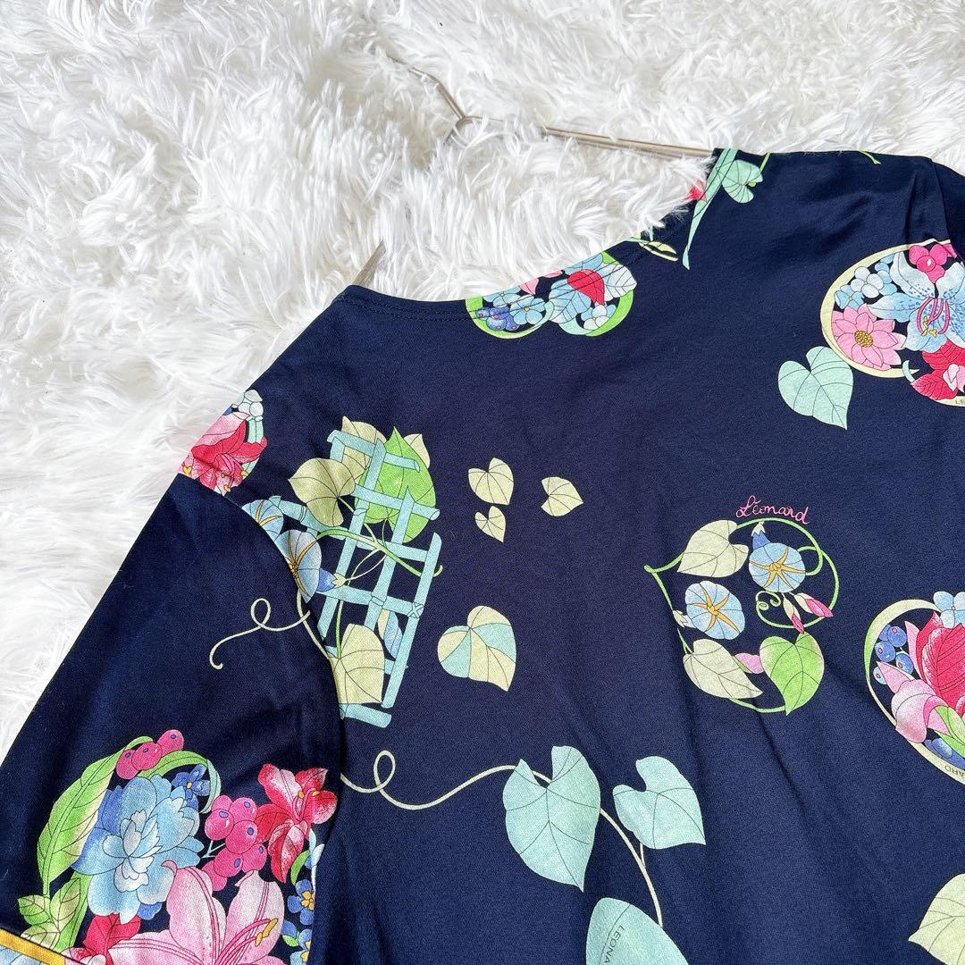 【良品】レオナール 花柄カットソー ロゴ刺繍 ネイビー 2XL コットン100