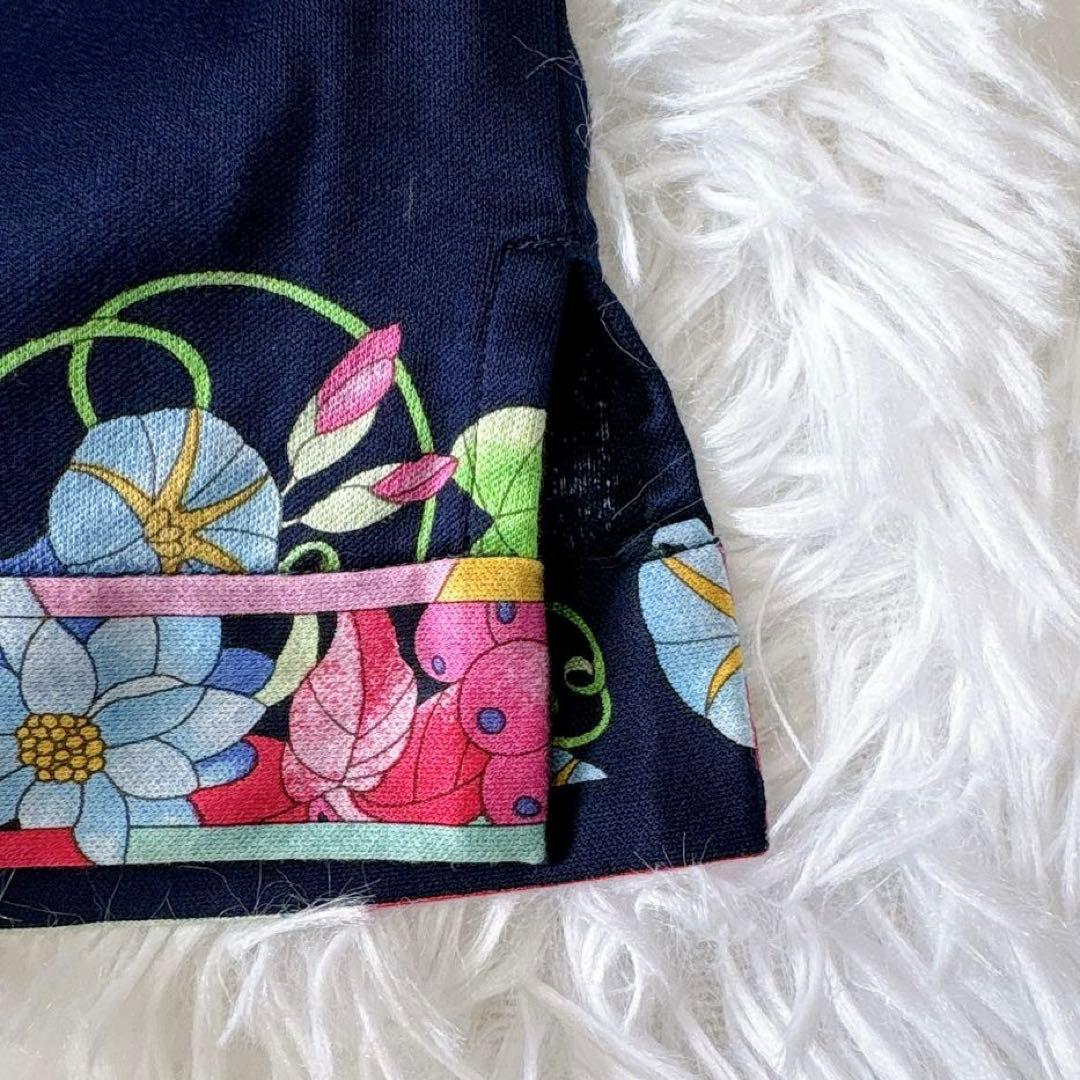 【良品】レオナール 花柄カットソー ロゴ刺繍 ネイビー 2XL コットン100