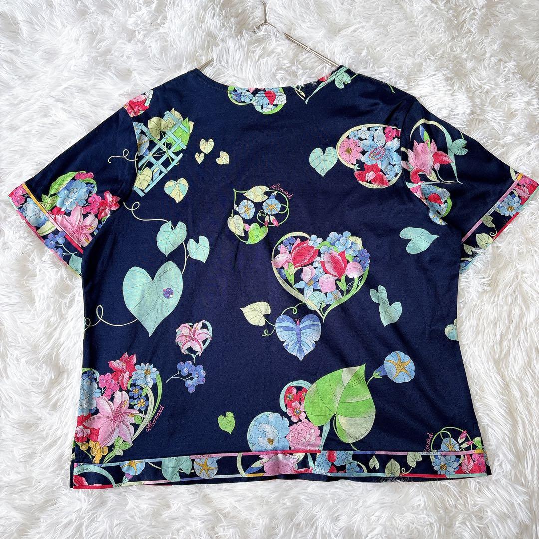 【良品】レオナール 花柄カットソー ロゴ刺繍 ネイビー 2XL コットン100