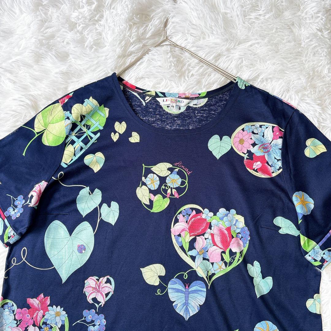 【良品】レオナール 花柄カットソー ロゴ刺繍 ネイビー 2XL コットン100