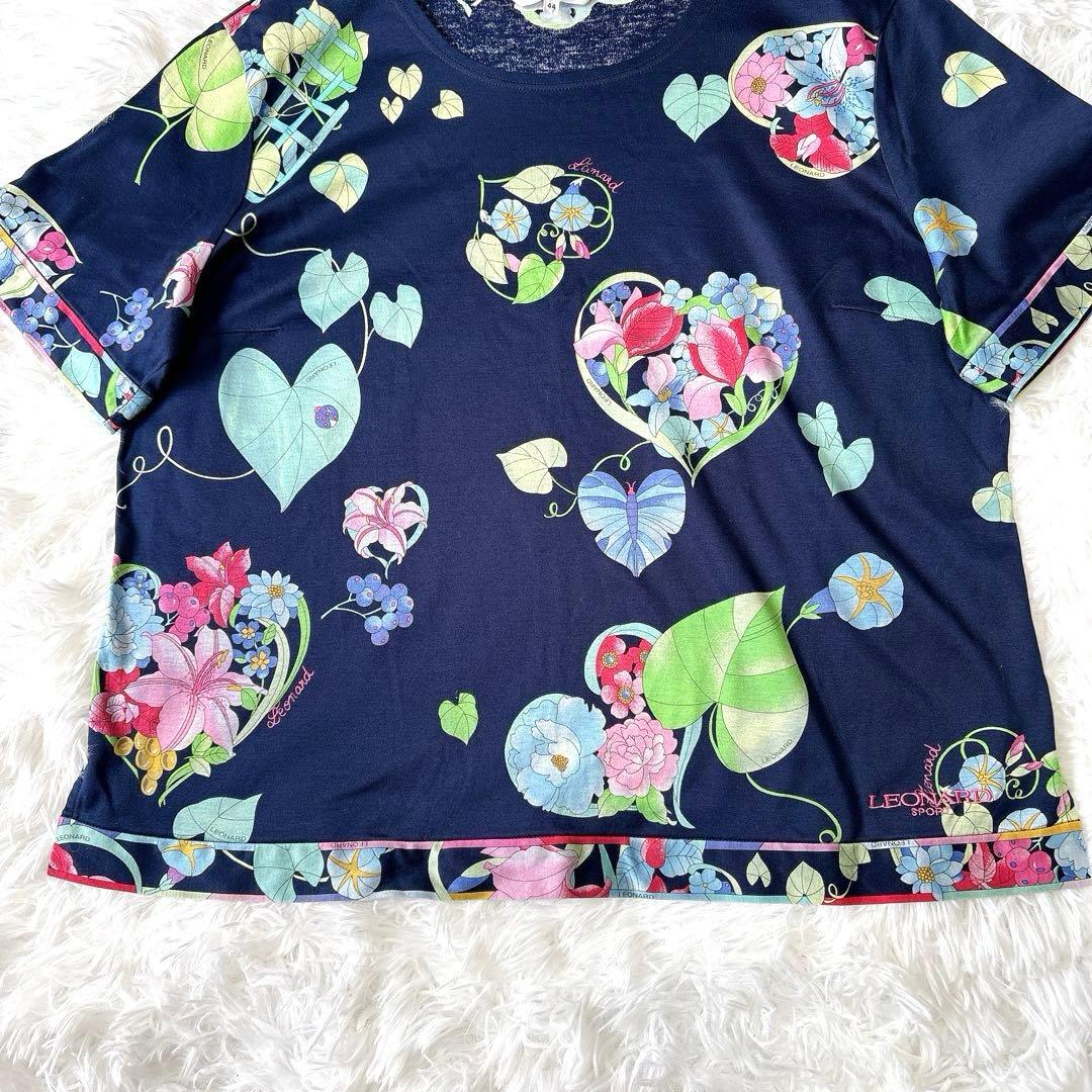 【良品】レオナール 花柄カットソー ロゴ刺繍 ネイビー 2XL コットン100