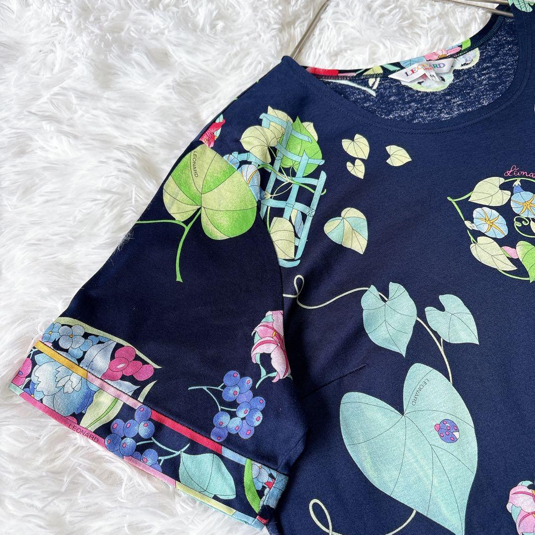 【良品】レオナール 花柄カットソー ロゴ刺繍 ネイビー 2XL コットン100