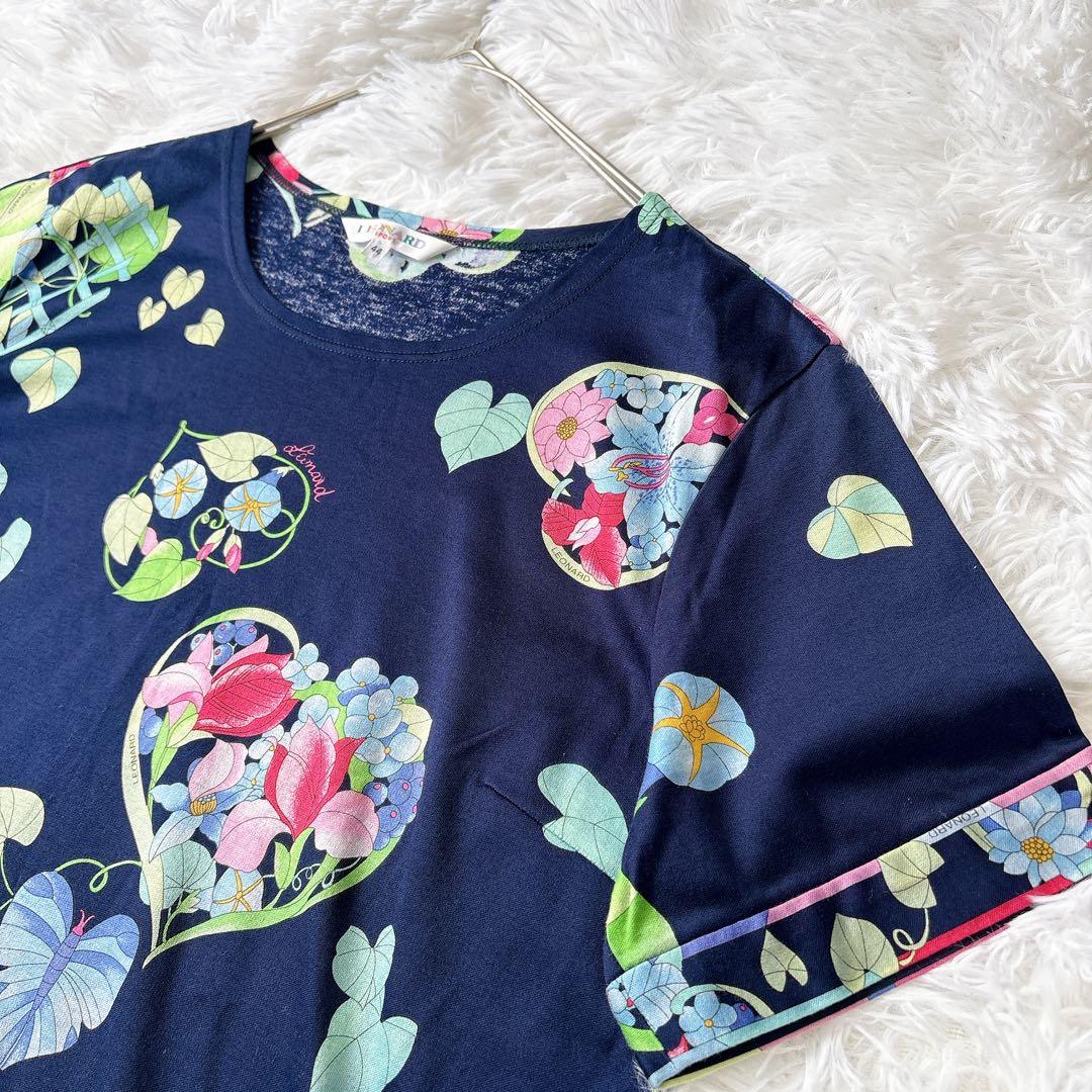 【良品】レオナール 花柄カットソー ロゴ刺繍 ネイビー 2XL コットン100