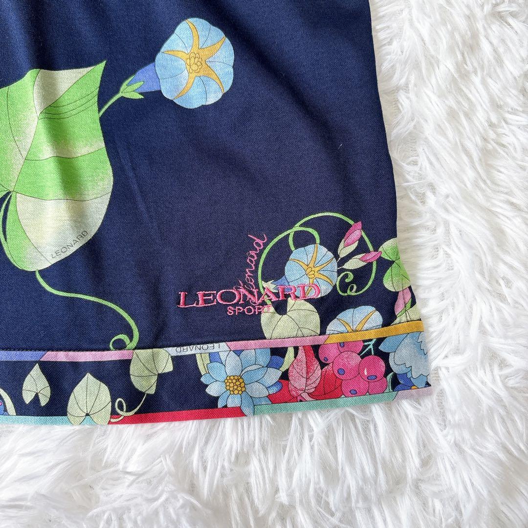 【良品】レオナール 花柄カットソー ロゴ刺繍 ネイビー 2XL コットン100