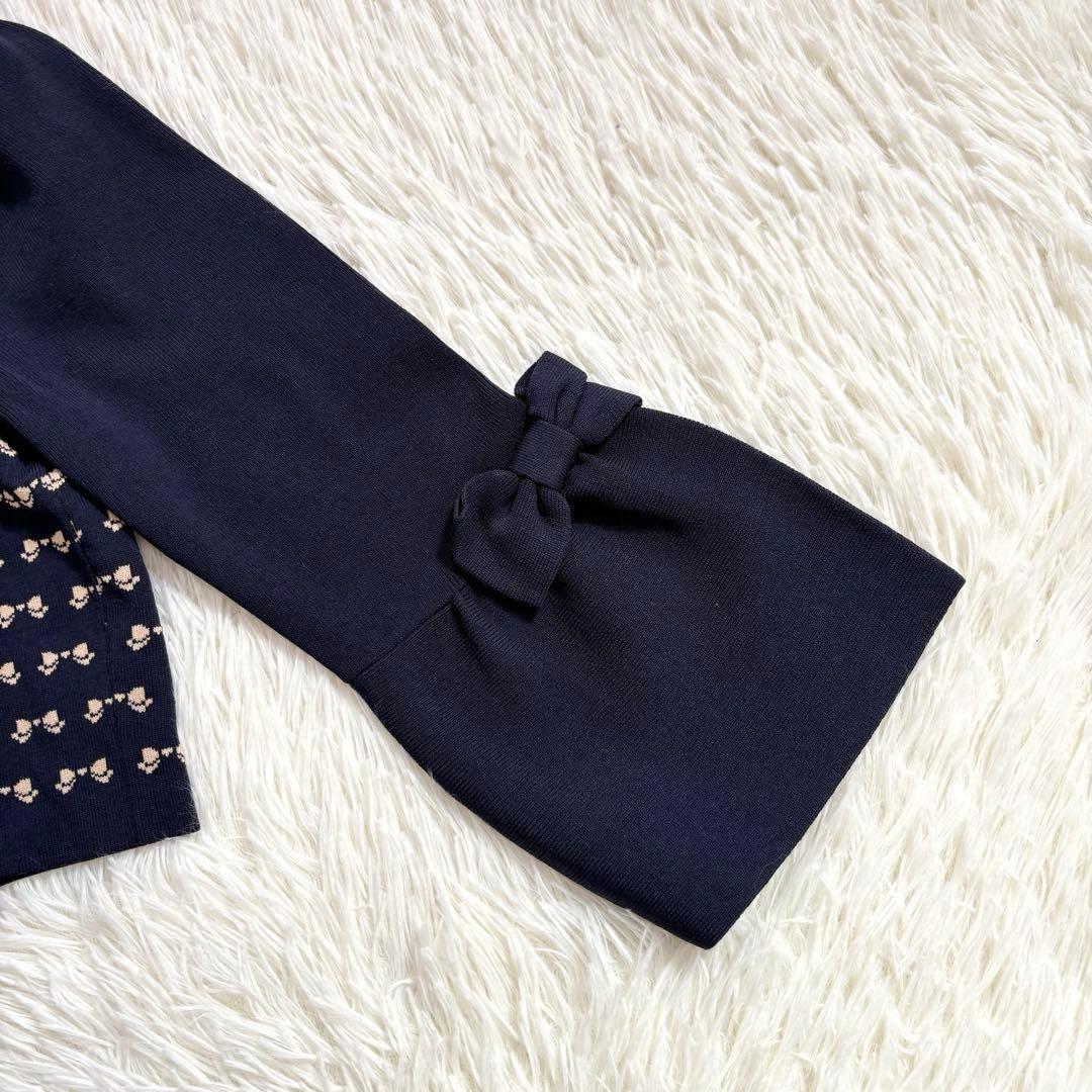 M’S GRACY ニットカーディガン リボン柄 七分袖 ネイビー M 美品