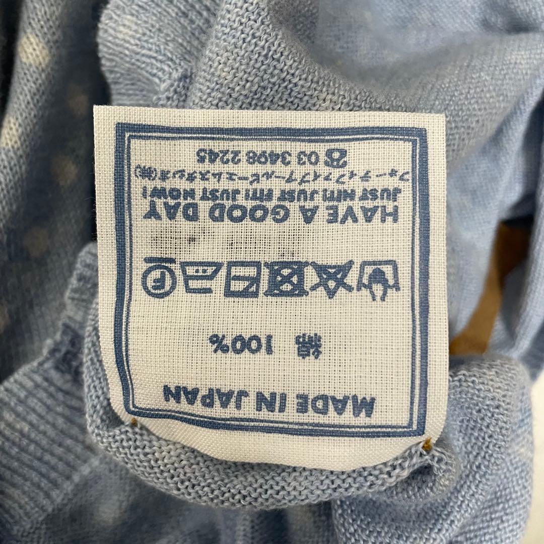 希少サンプル品 45R 超ガーゼ水玉プリントのカーディガン R刺繍 ドット 水色