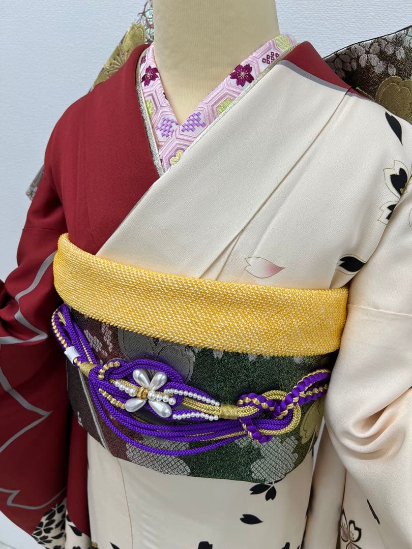 振り袖　フルセット　別誂長襦袢　金彩加工　大柄　刺繍入り　長尺帯締め　831