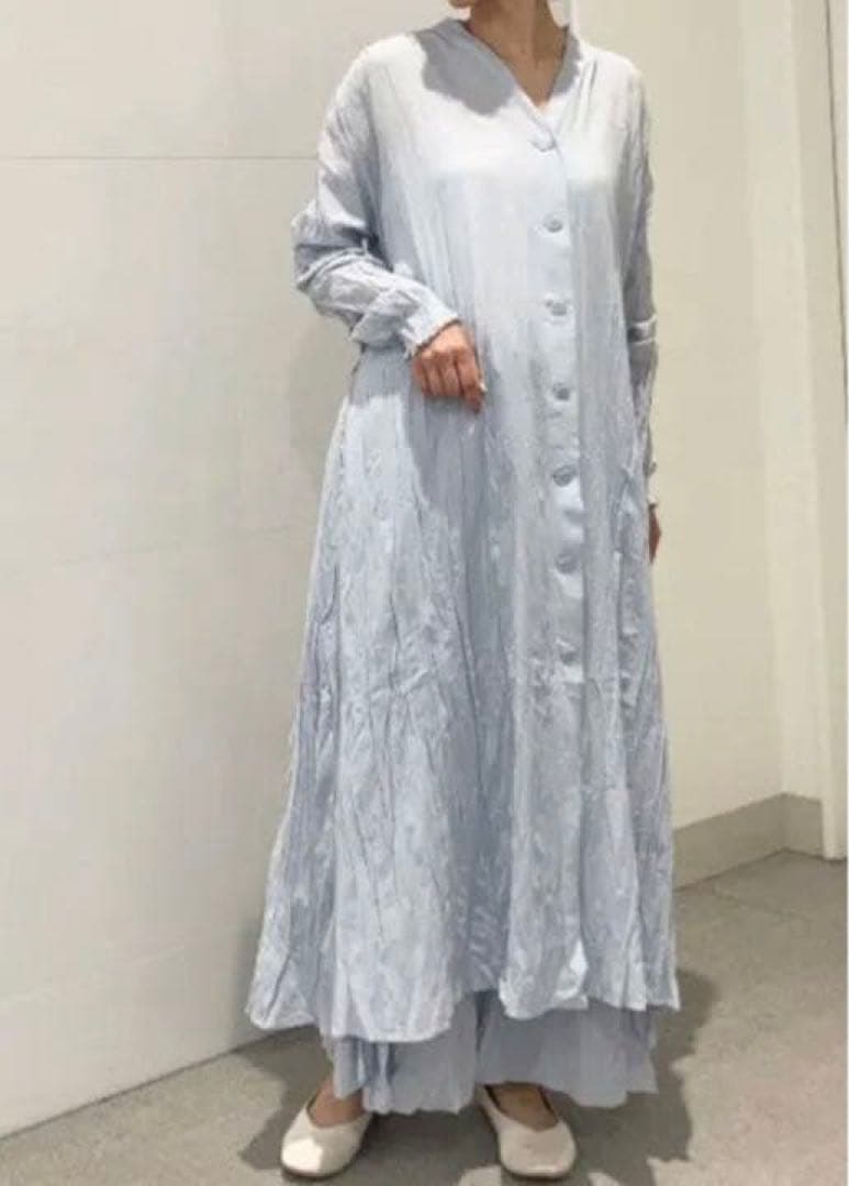 新品　ワッシャーノーカラーシャツドレス&ロングパンツセット　オーガニックコットン