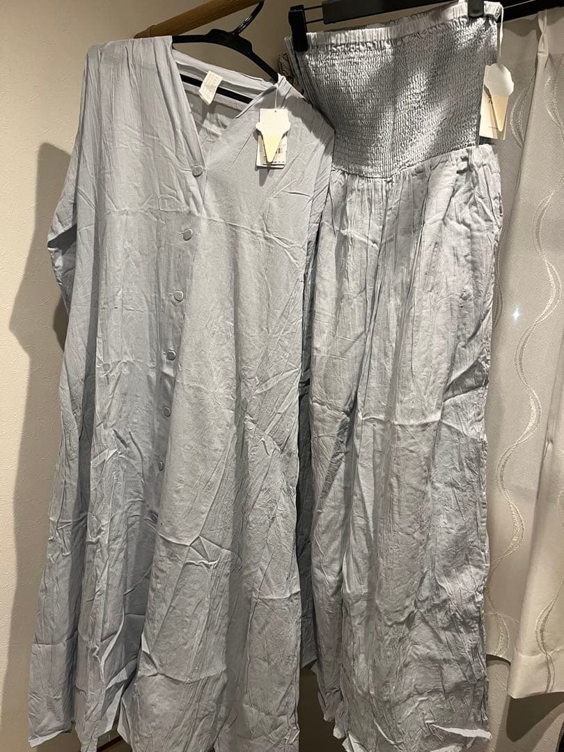 新品　ワッシャーノーカラーシャツドレス&ロングパンツセット　オーガニックコットン
