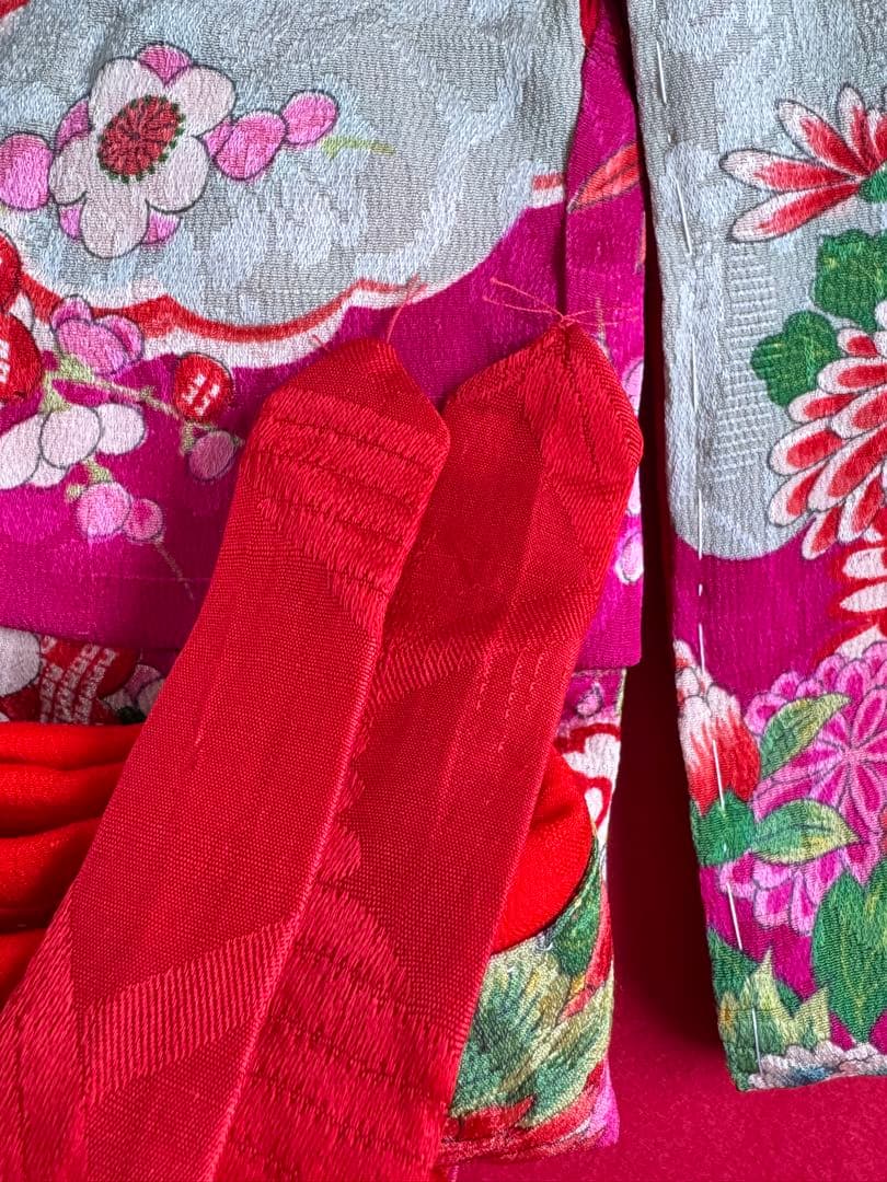 市松人形 8号(32cm)サイズの着物　比翼仕立て　薔薇色濃ピンク　牡丹梅車　お
