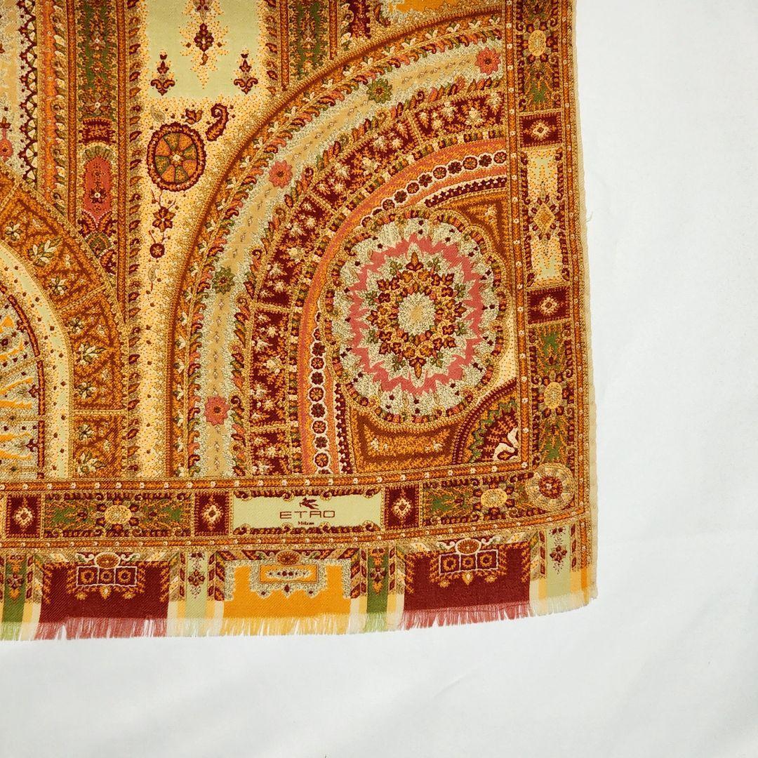 美品 ETRO エトロ ストール ペイズリー柄 ウール混 ブラウン オレンジ