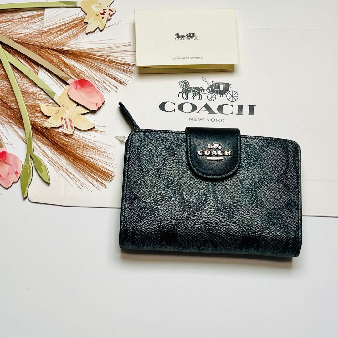 COACH 折りたたみ財布 ブラック レザー 新品 未使用