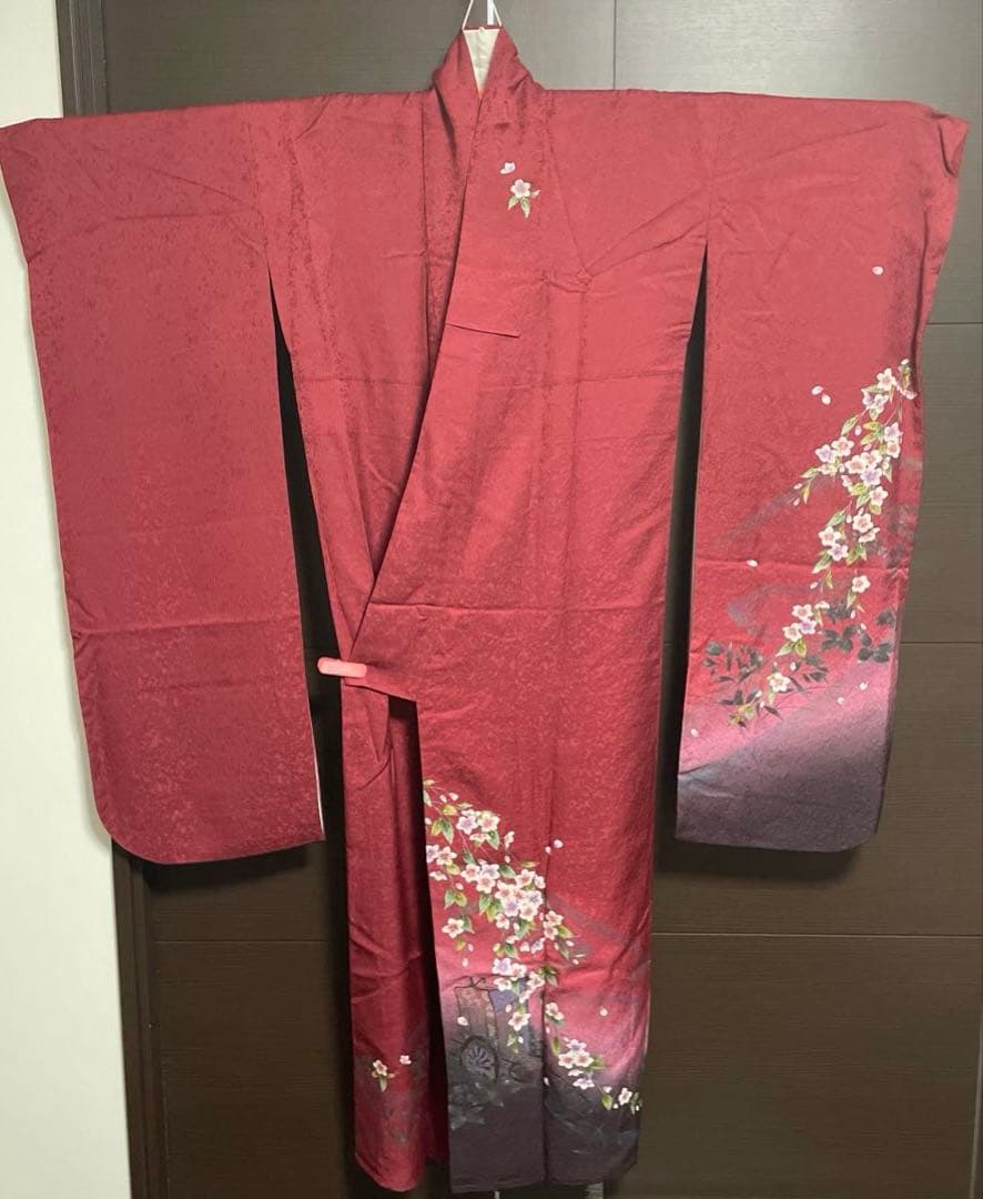 振袖　やまと　えんじ　桜　地紋　美品　トールサイズ