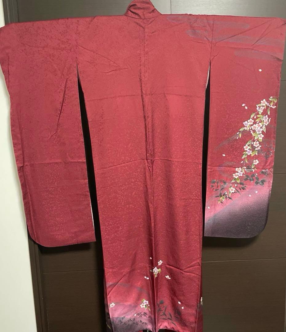 振袖　やまと　えんじ　桜　地紋　美品　トールサイズ