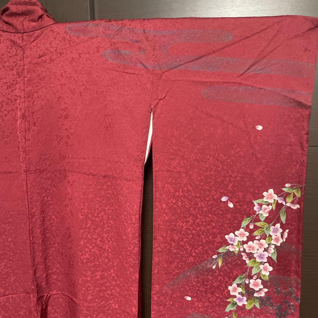振袖　やまと　えんじ　桜　地紋　美品　トールサイズ