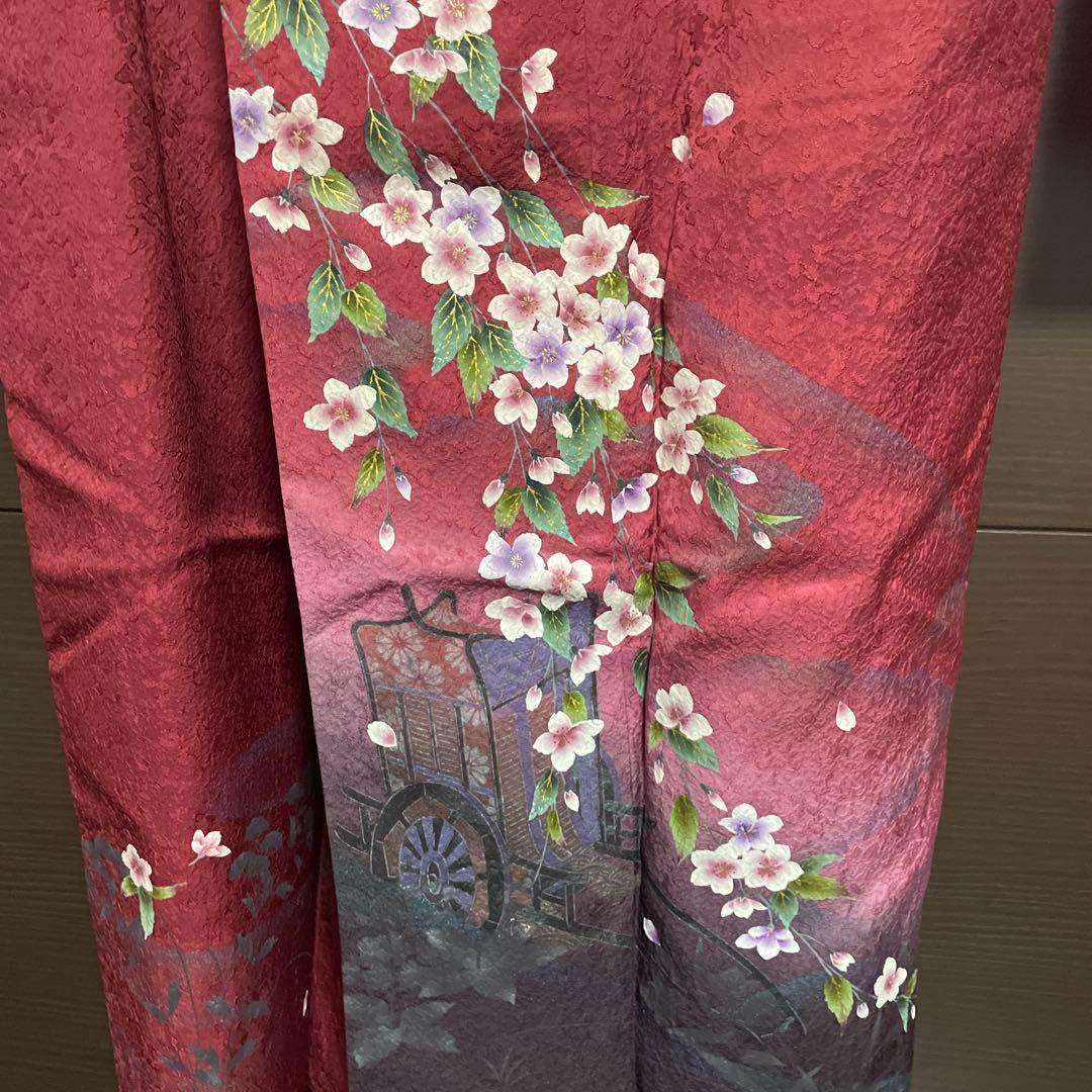 振袖　やまと　えんじ　桜　地紋　美品　トールサイズ