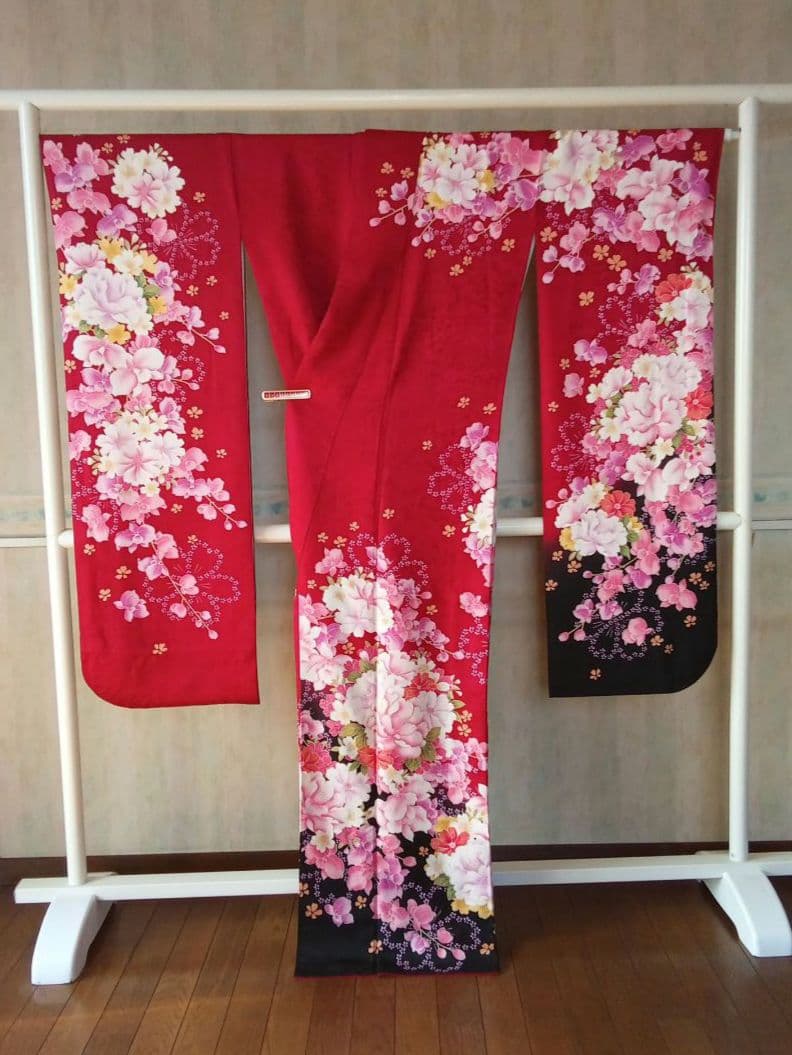 5161 振袖単品 赤黒 正絹 ぼたんデンファレ 成人式 卒業式 結婚式