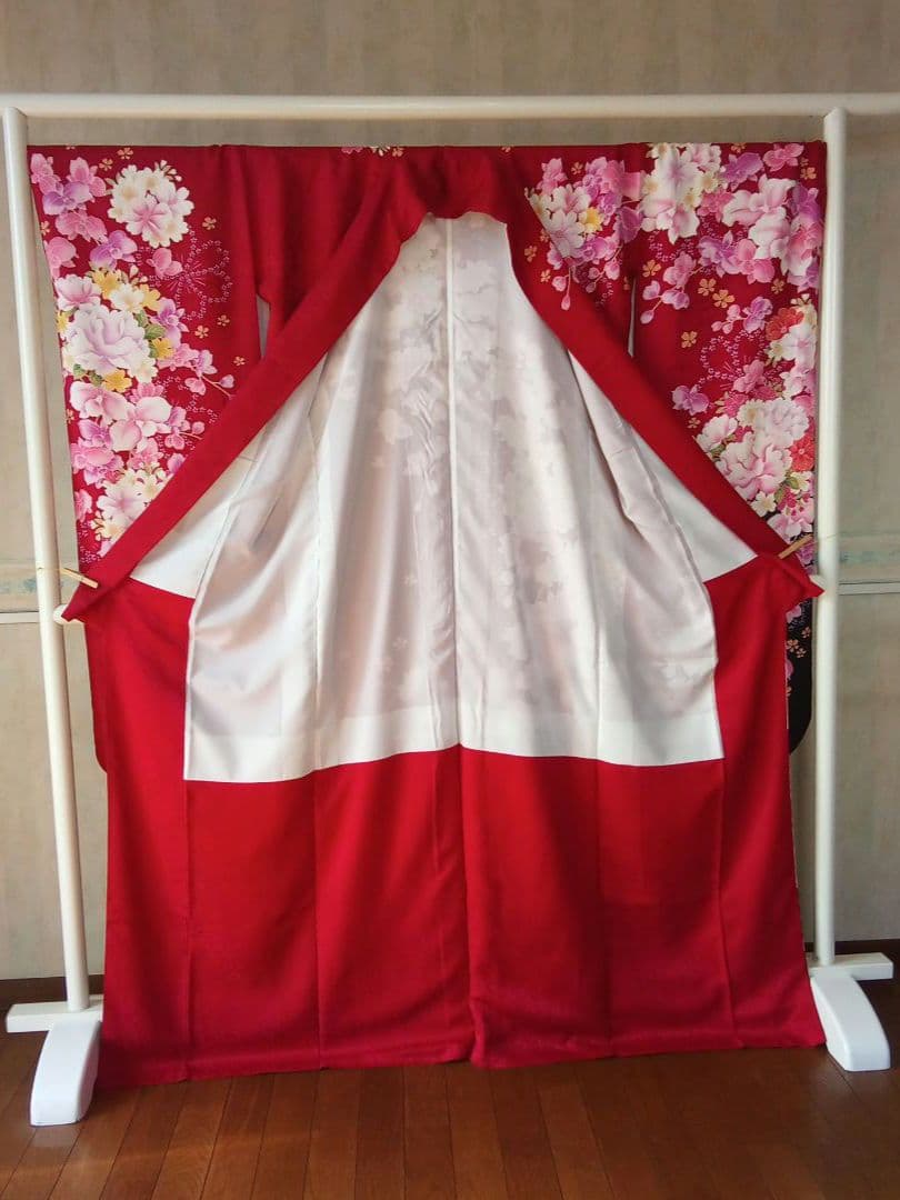 5161 振袖単品 赤黒 正絹 ぼたんデンファレ 成人式 卒業式 結婚式