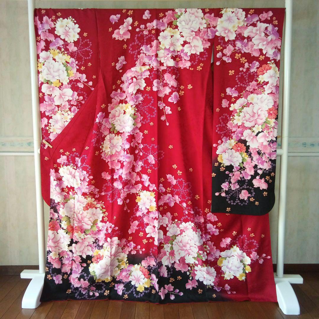 5161 振袖単品 赤黒 正絹 ぼたんデンファレ 成人式 卒業式 結婚式