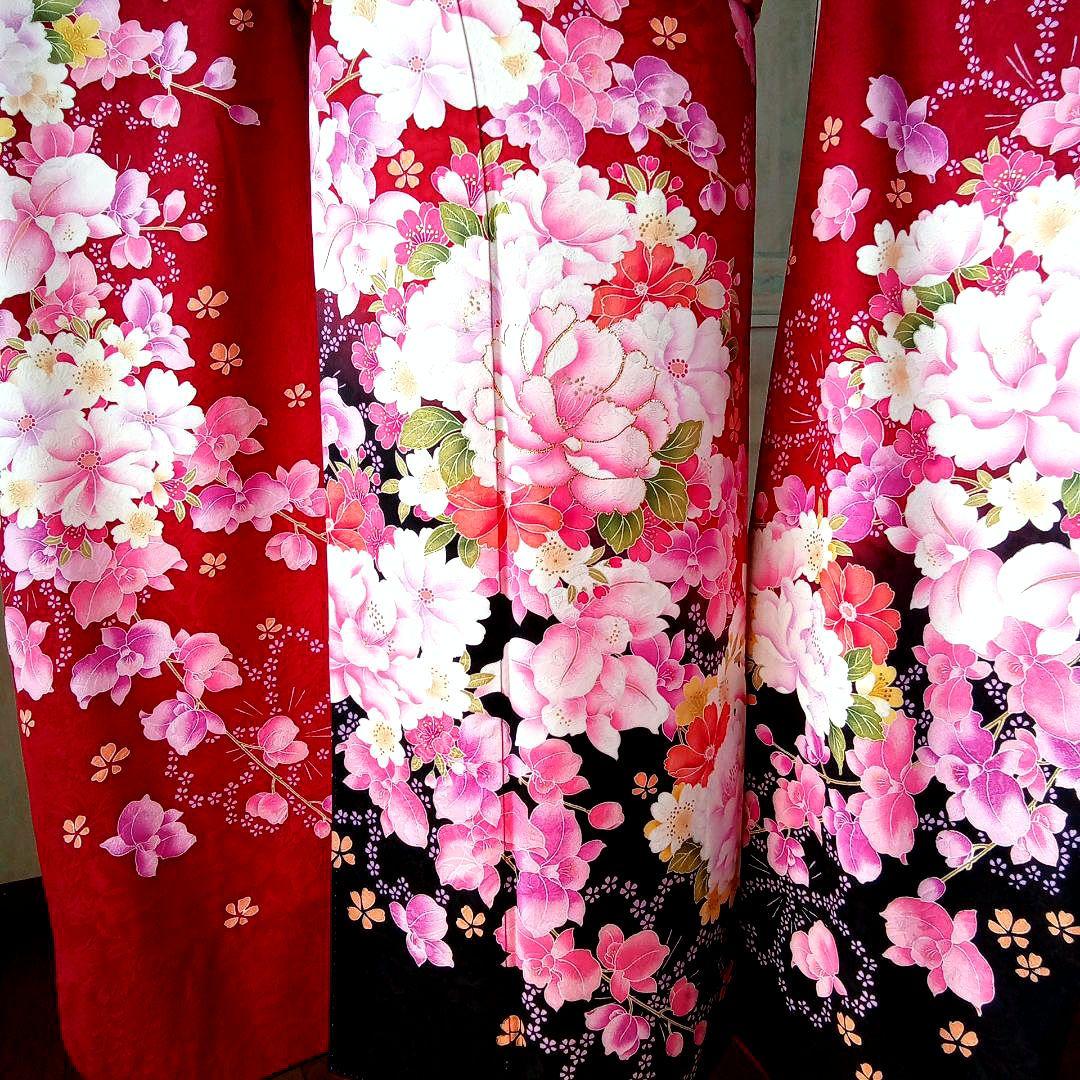 5161 振袖単品 赤黒 正絹 ぼたんデンファレ 成人式 卒業式 結婚式