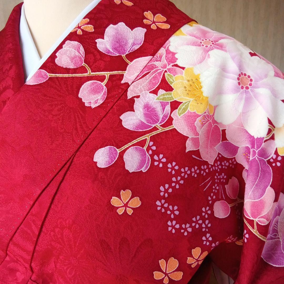 5161 振袖単品 赤黒 正絹 ぼたんデンファレ 成人式 卒業式 結婚式