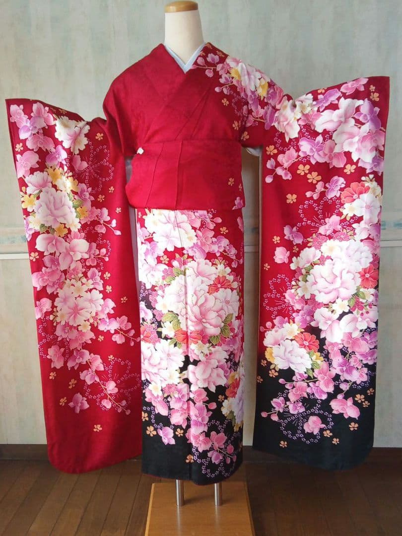 5161 振袖単品 赤黒 正絹 ぼたんデンファレ 成人式 卒業式 結婚式