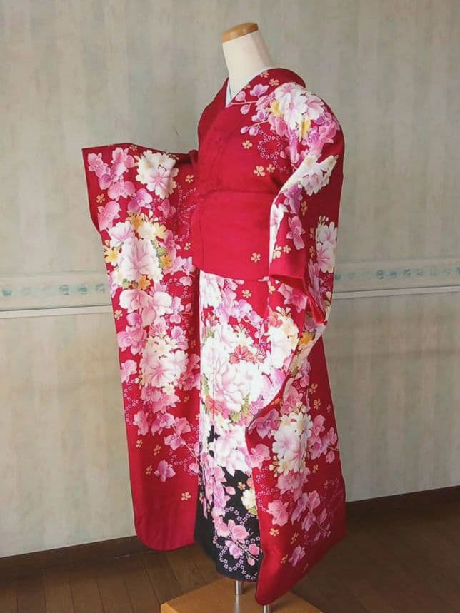 5161 振袖単品 赤黒 正絹 ぼたんデンファレ 成人式 卒業式 結婚式