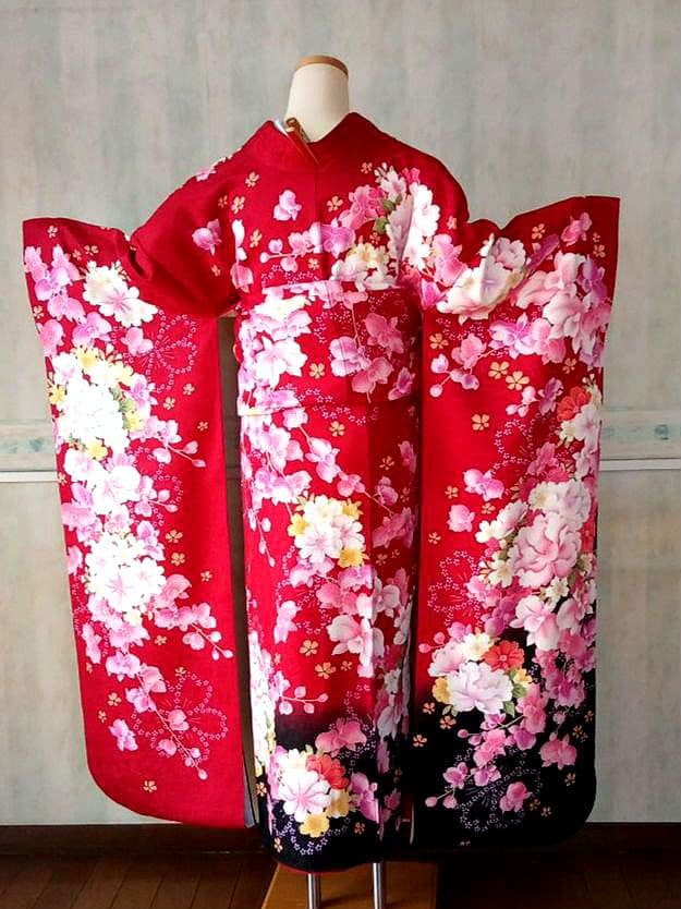 5161 振袖単品 赤黒 正絹 ぼたんデンファレ 成人式 卒業式 結婚式
