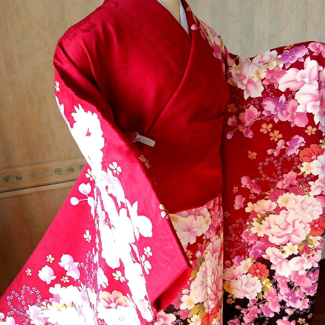 5161 振袖単品 赤黒 正絹 ぼたんデンファレ 成人式 卒業式 結婚式