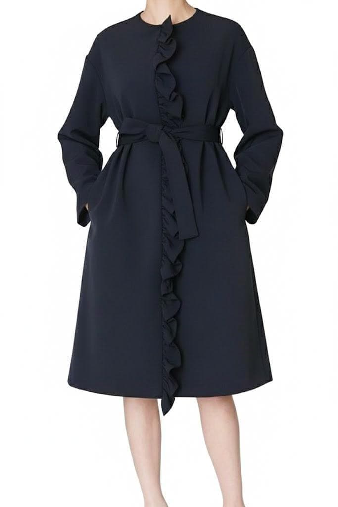 限定 極美品 YOKOCHANヨーコチャンフロントラッフルコート ベルト付紺38