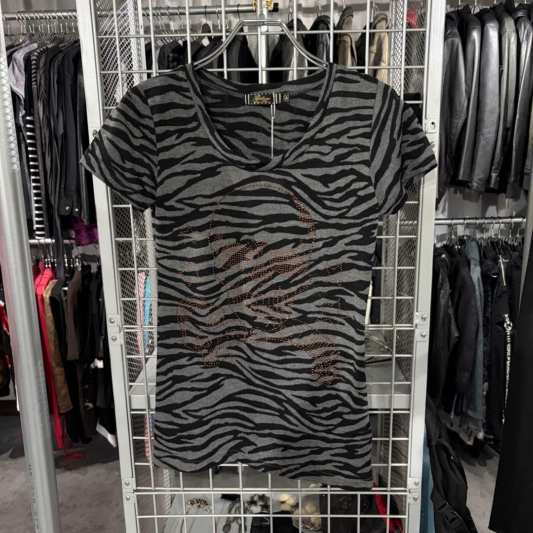 Y2K グランジ　ドクロ　ラメ　キラキラ　ゼブラ　ピチT 半袖　tシャツ