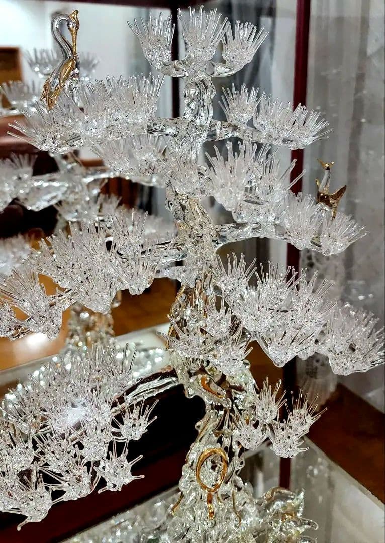 クリスタル ガラス 樹木彫刻 松 盆栽 ガラスケース付き