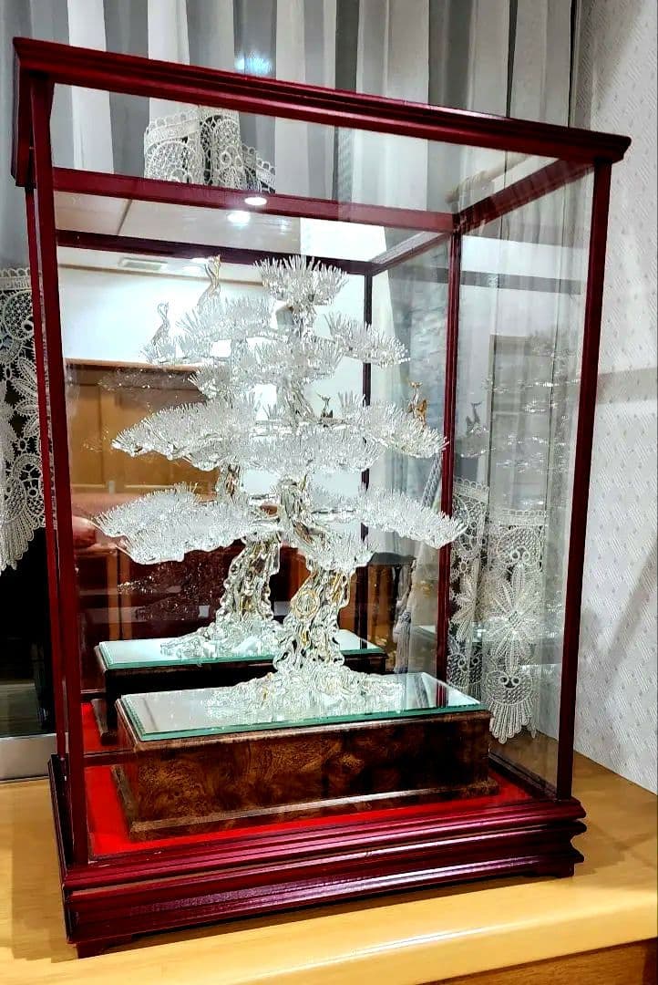 クリスタル ガラス 樹木彫刻 松 盆栽 ガラスケース付き